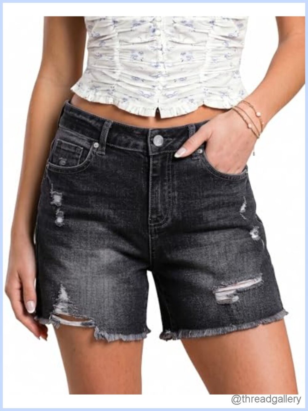 Mid Rise Stretchy Ripped Denim Jean Shorts Raw Hem Cut Off Jorts Pockets